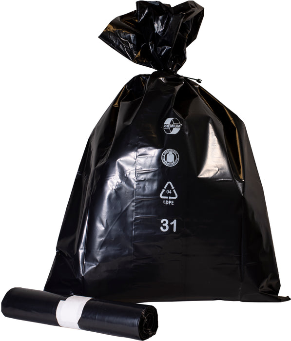 Deiss Garbage Bags 60 L Recycling LDPE 550x900x0.075 mm Black 1 Carton (10 Pieces x 10 Rolls = 100 Pieces)